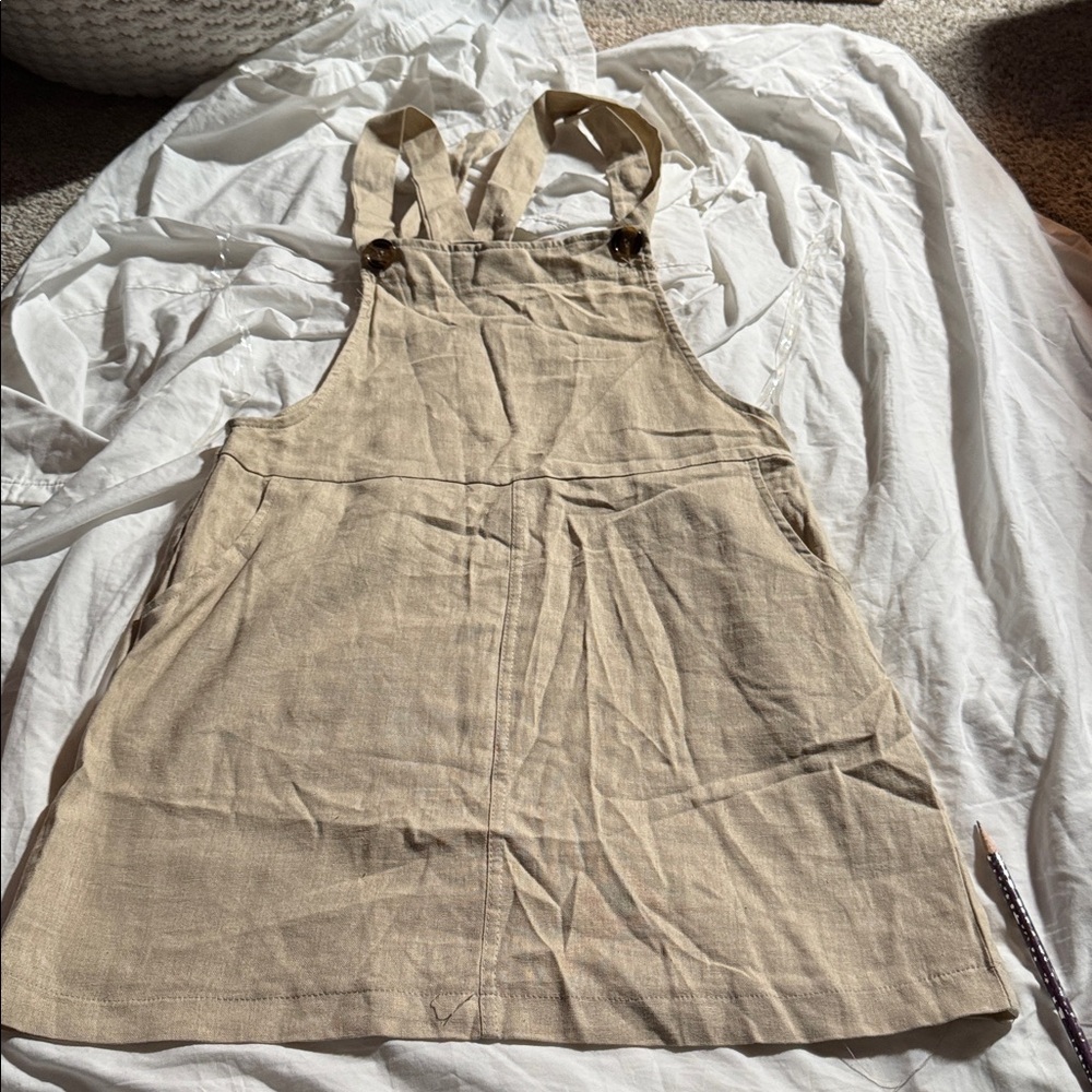 Heart & Hips Linen Blend Beige Overall Romper Mini Dress with Cross Back Straps